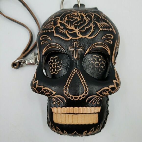 Sugar Skull Leather Wristlet Wallet Handmade Day of the Dead Coin Purse Keychain - Picture 15 of 15